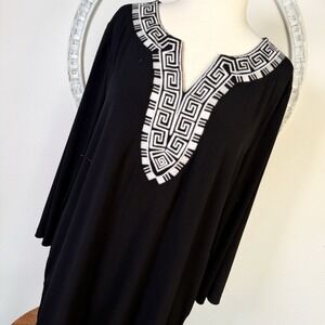 Susan Graver L Black Gray Boho Embroidered Liquid Knit Blouse Shirt Top Stretch